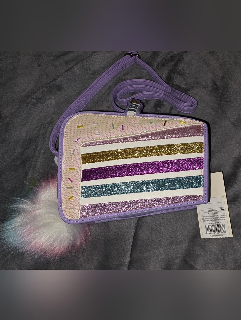 Cat & Jack Lavender Glitter Stripe Cake Crossbody Bag with Pom-Pom